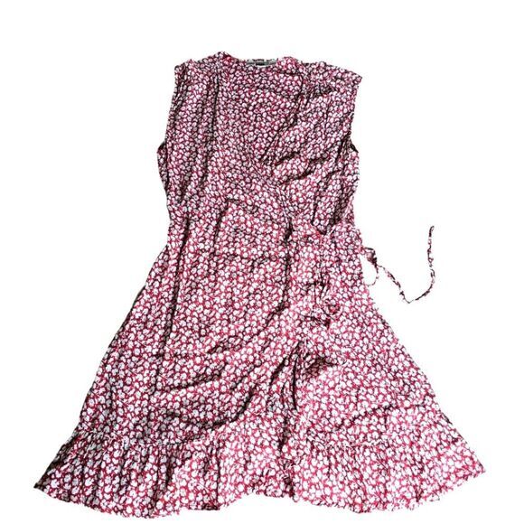 All Saints Dress Women's Medium Red Floral Krystal Wrap Mini Ruffle V Neck Large - Picture 2 of 13